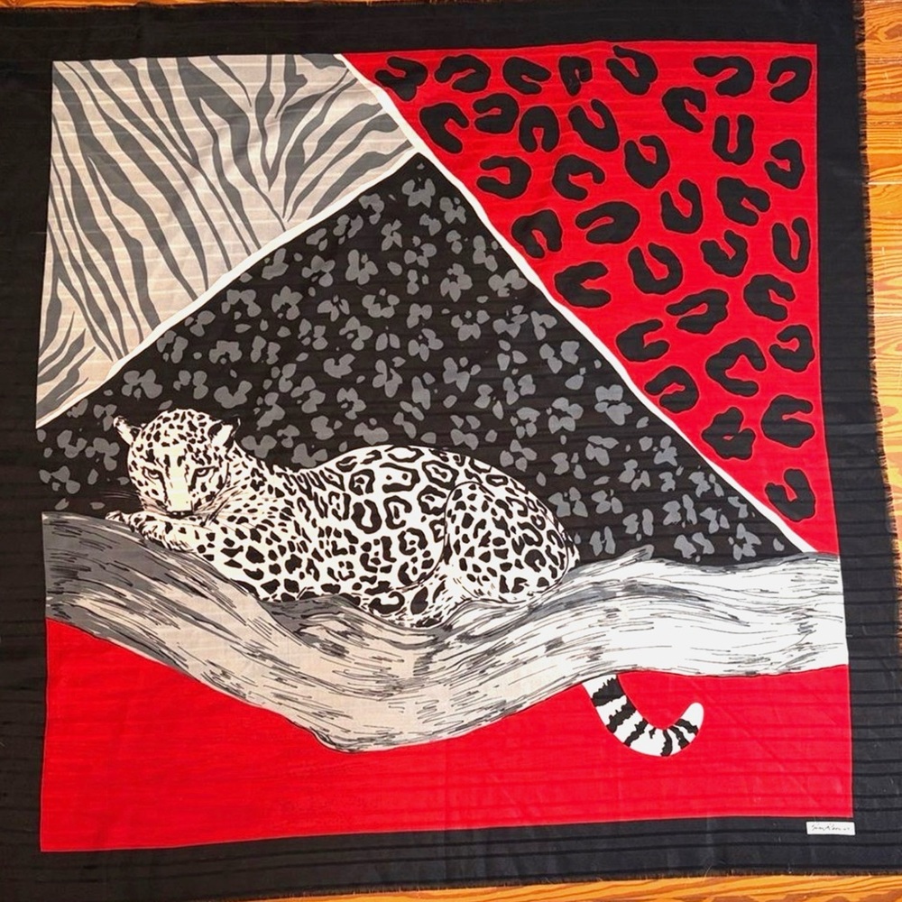 Jim Renoir Leopard Zebra Scarf Red Black Safari Animal Print Square